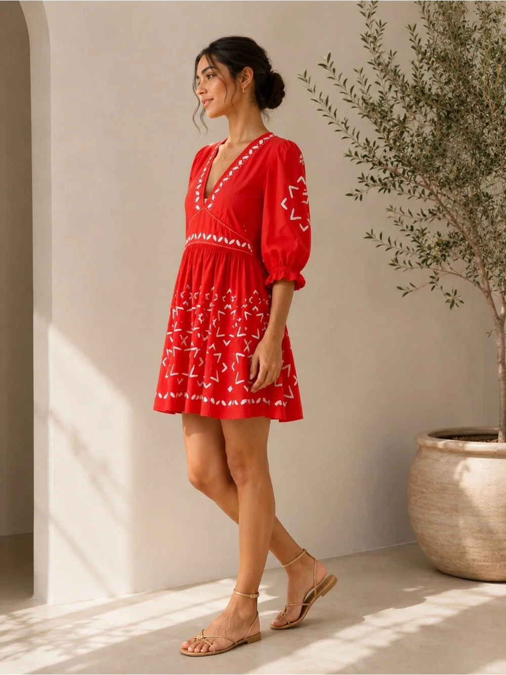 Anthropologie‎ Banjanan Red with Inlaid Embroiderey Mini Dress Poplin Cotton